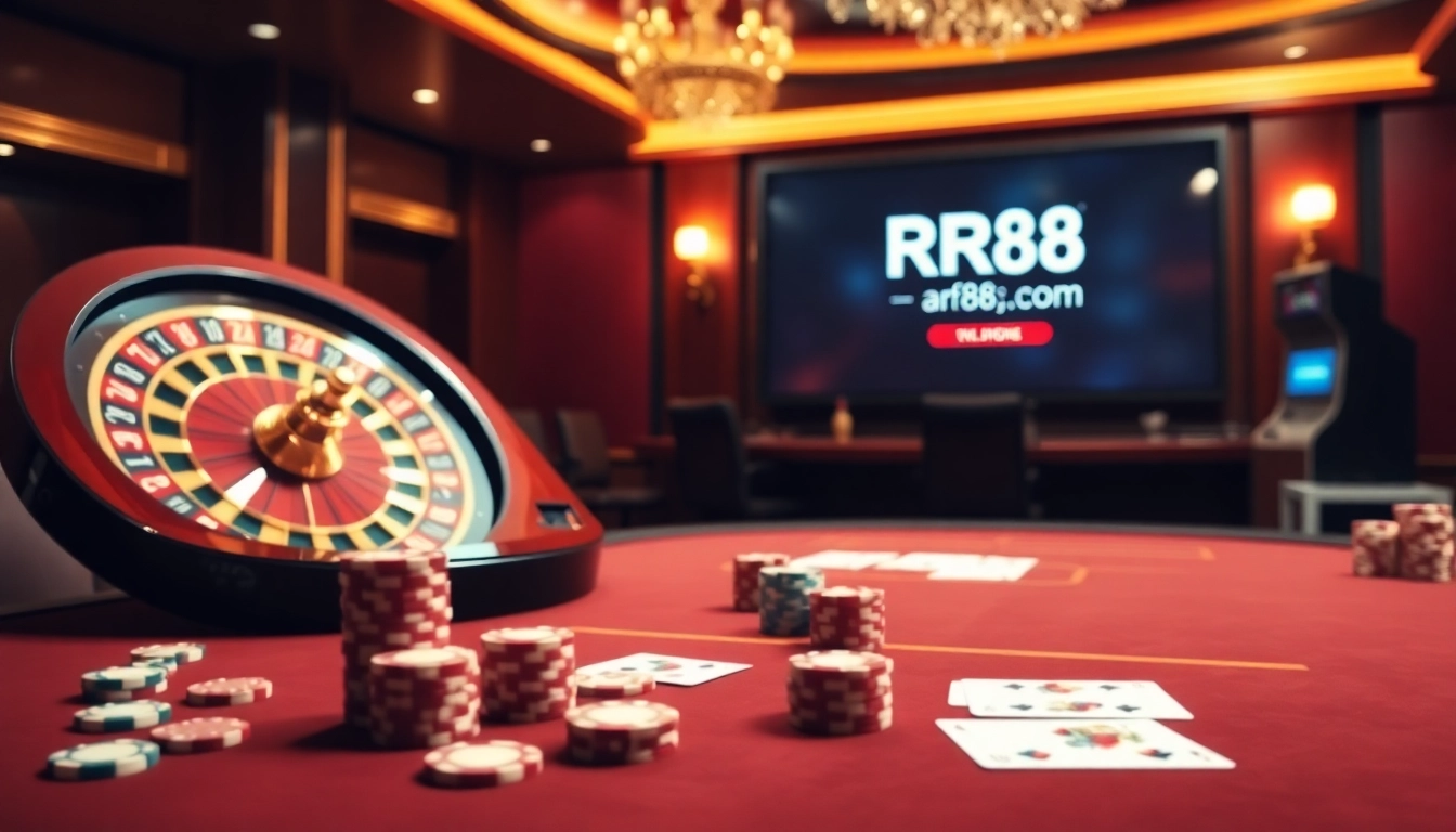 Experience exciting gambling moments at RR88 com with poker chips, cards, and a dynamic roulette wheel.