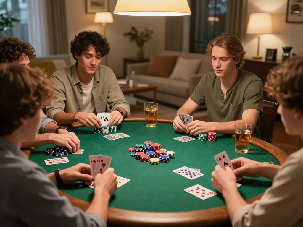 Friends enjoying a home poker night with vin88, showcasing strategic gameplay and casual atmosphere.