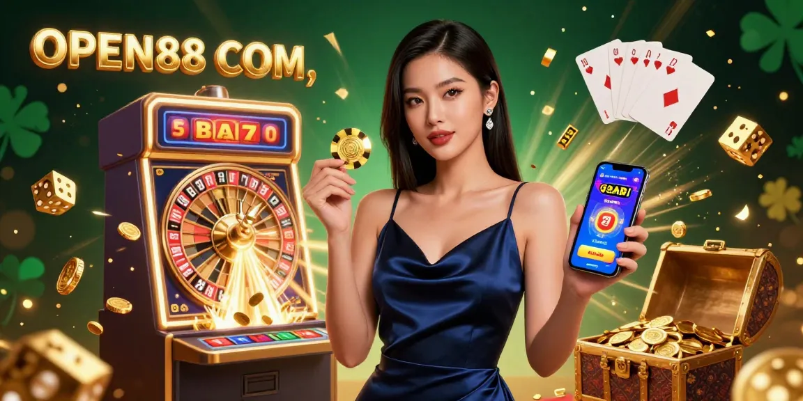 Engage with the exciting gaming experience at OPEN88 COM, featuring stunning visuals of casino elements and prizes.