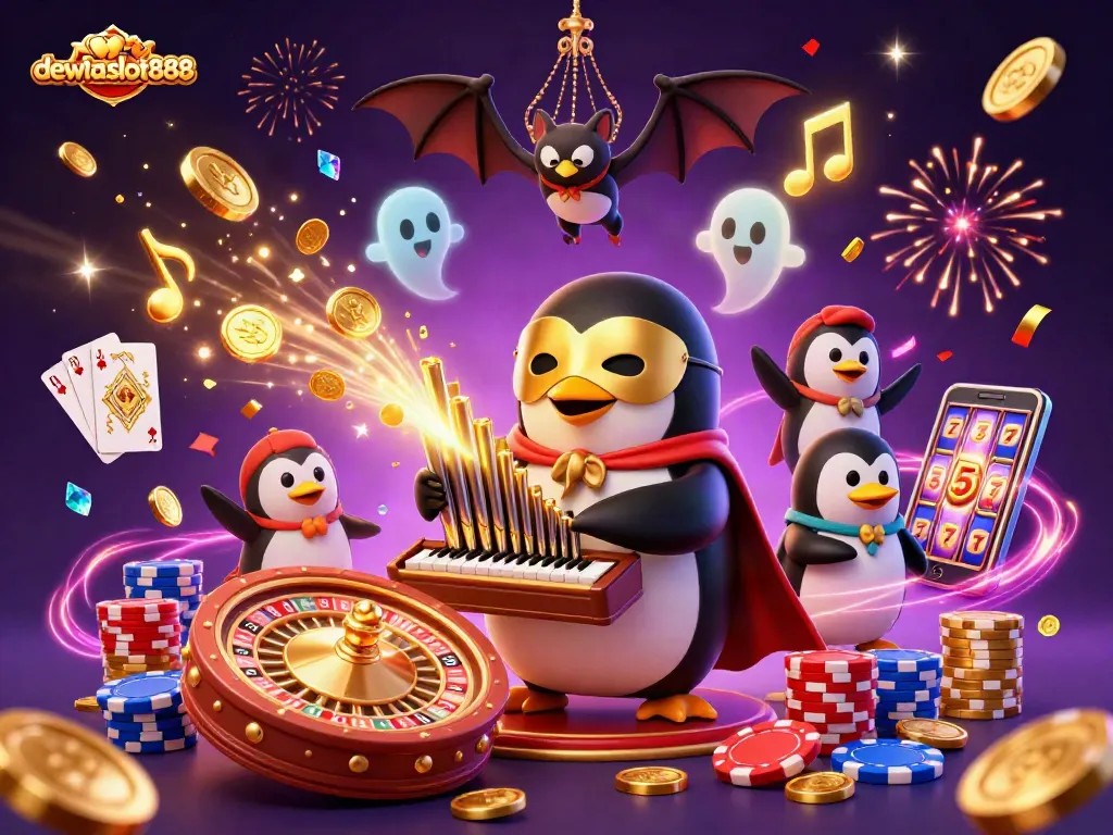 Mengaktifkan akses dewataslot888 dengan penguin opera menawan dan koin emas yang berjatuhan.