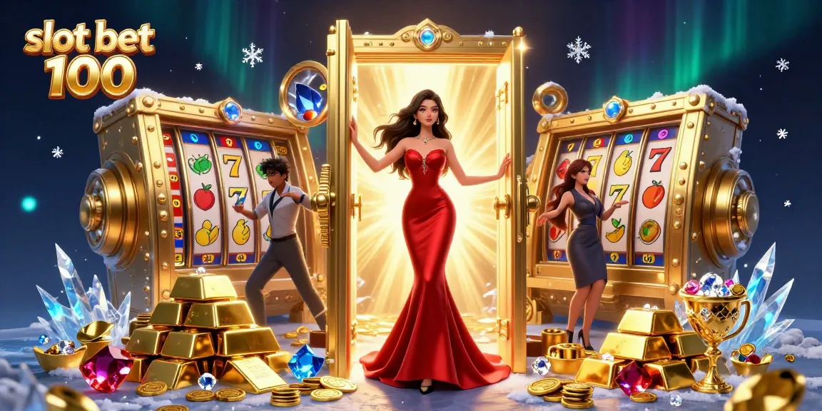Engage in the thrill of slot bet 100 as golden treasures burst from a vault in a vibrant casino.