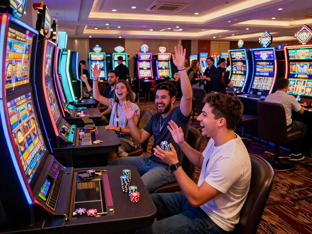 Exciting SLOT GACOR gameplay moment in a lively casino with players celebrating wins.