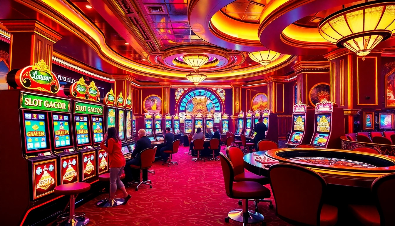 Experience excitement with slot gacor gameplay in a vibrant casino featuring glowing machines.