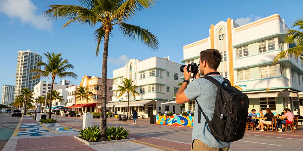 Wisatawan di Miami, menikmati keindahan kota https://miami4d.com/ dengan latar belakang bangunan art deco dan pantai yang menakjubkan.
