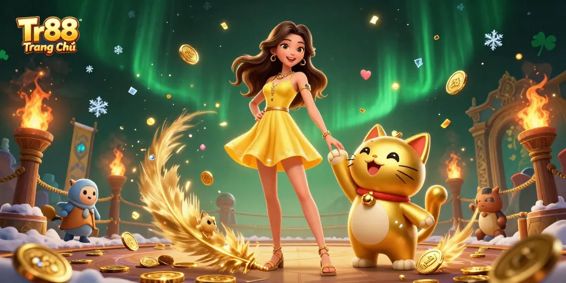 Experience the excitement of Tr88 Trang chủ with a vibrant casino scene featuring a cheerful woman and a lucky cat.