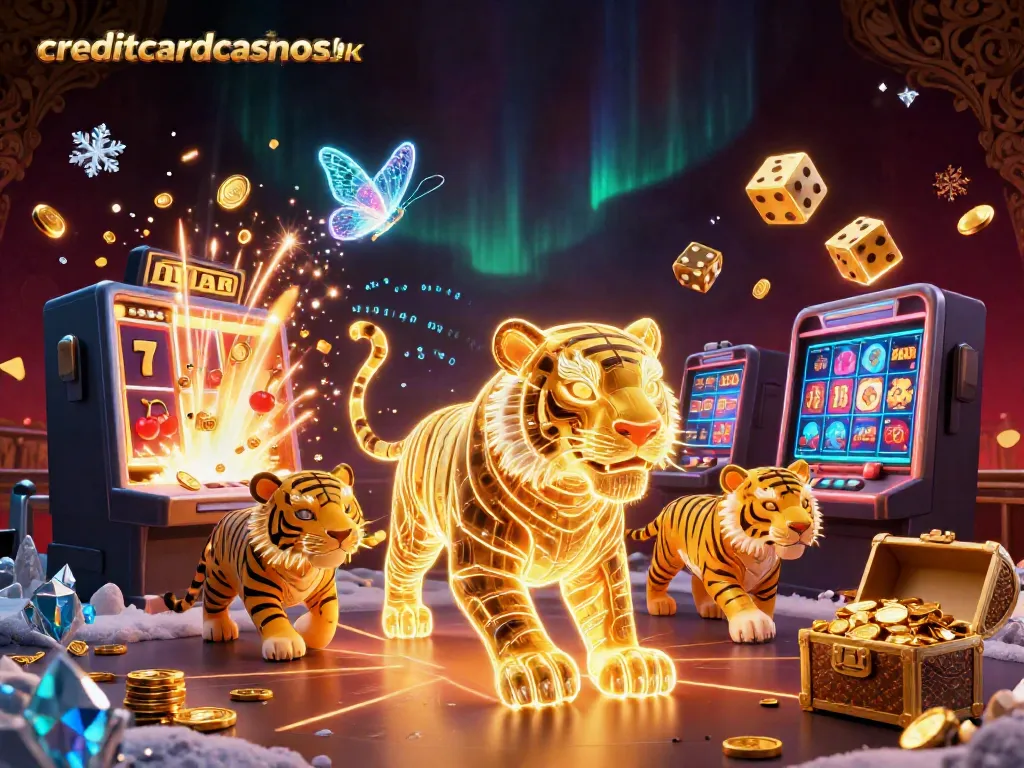 Experience vibrant gameplay at creditcardcasinosuk with a stunning digital casino landscape featuring a golden tiger and exciting slot games.