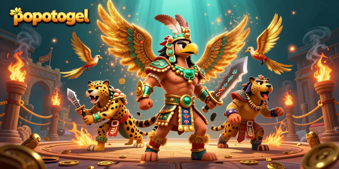 Experience thrilling action with popotogel as Aztec warriors battle amidst slot reels and golden tokens.