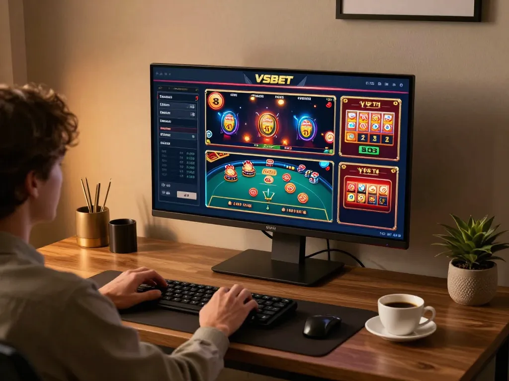 Playing on VSBET online casino with multiple games displayed on screens in a cozy gaming setup