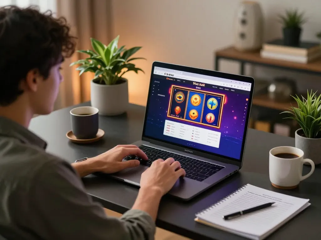Pemain terlibat dalam Situs Judi Online melalui laptop, menampilkan grafis yang hidup dan catatan strategis.