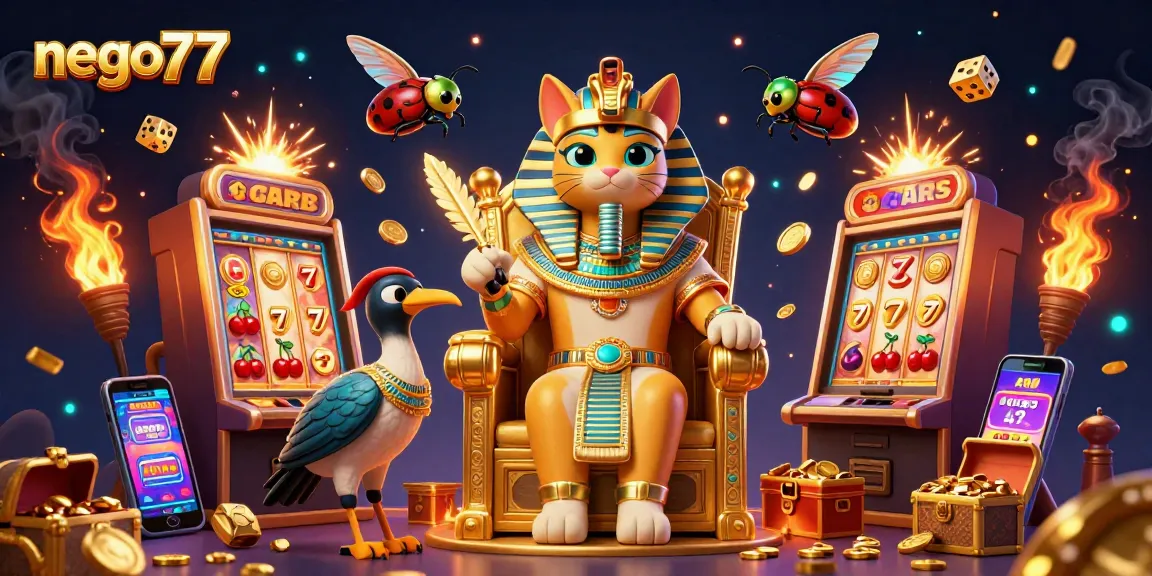 Spin for jackpots with nego77 in this lively casino-themed illustration featuring a pharaoh cat.