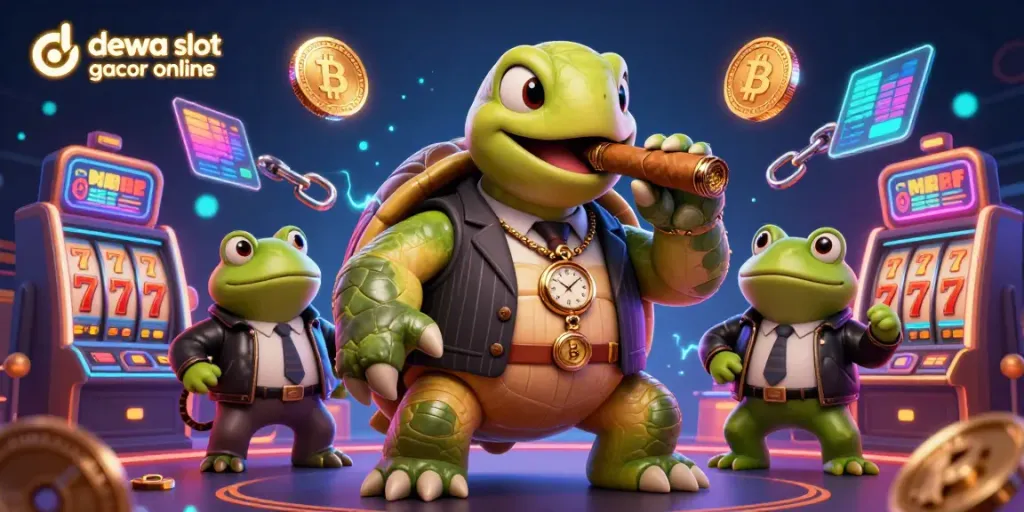 Jelajahi dunia dewa slot gacor online dengan gambar ceria yang memperlihatkan karakter unik dalam suasana kasino.