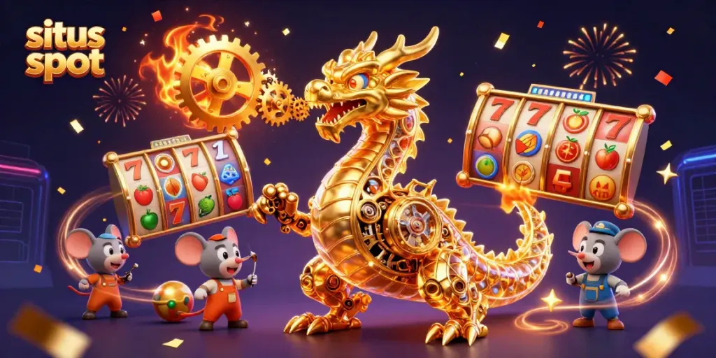 Menangkan jackpot di situs slot dengan ilustrasi naga emas dan simbol mesin slot.