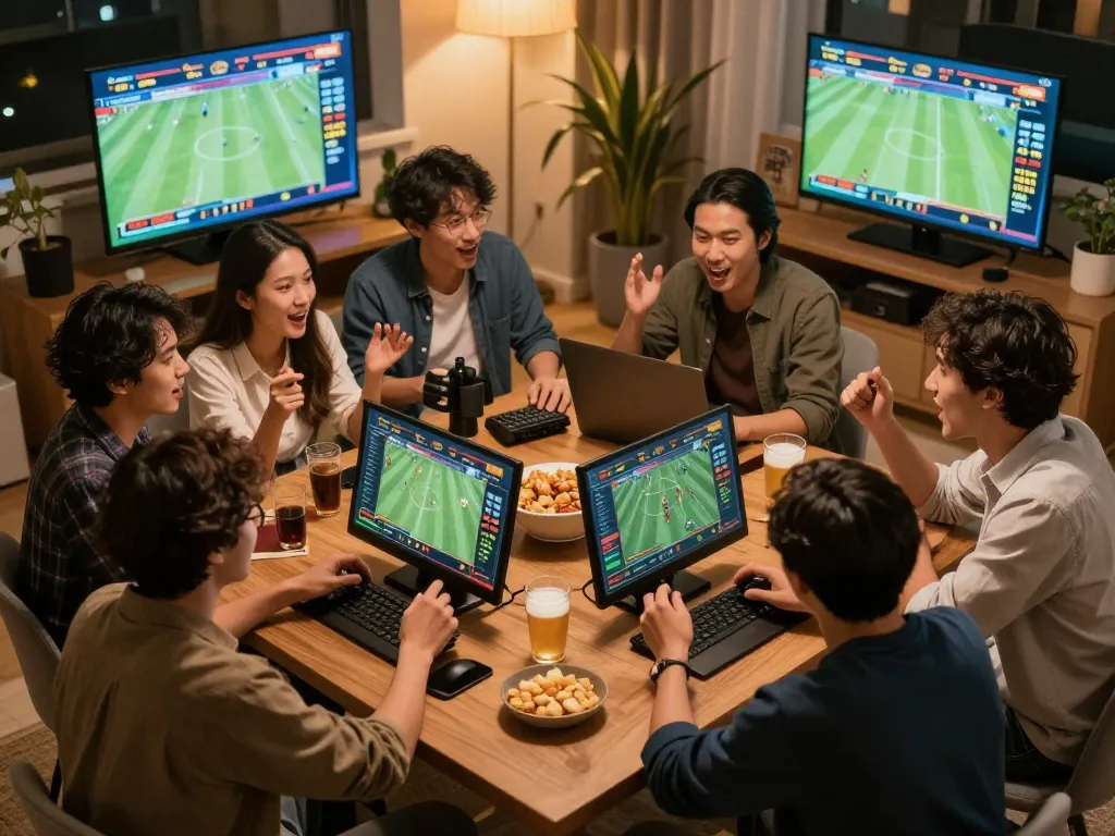 Friends strategizing sports bets using Nowgoal as they gather around multiple screens for live updates.