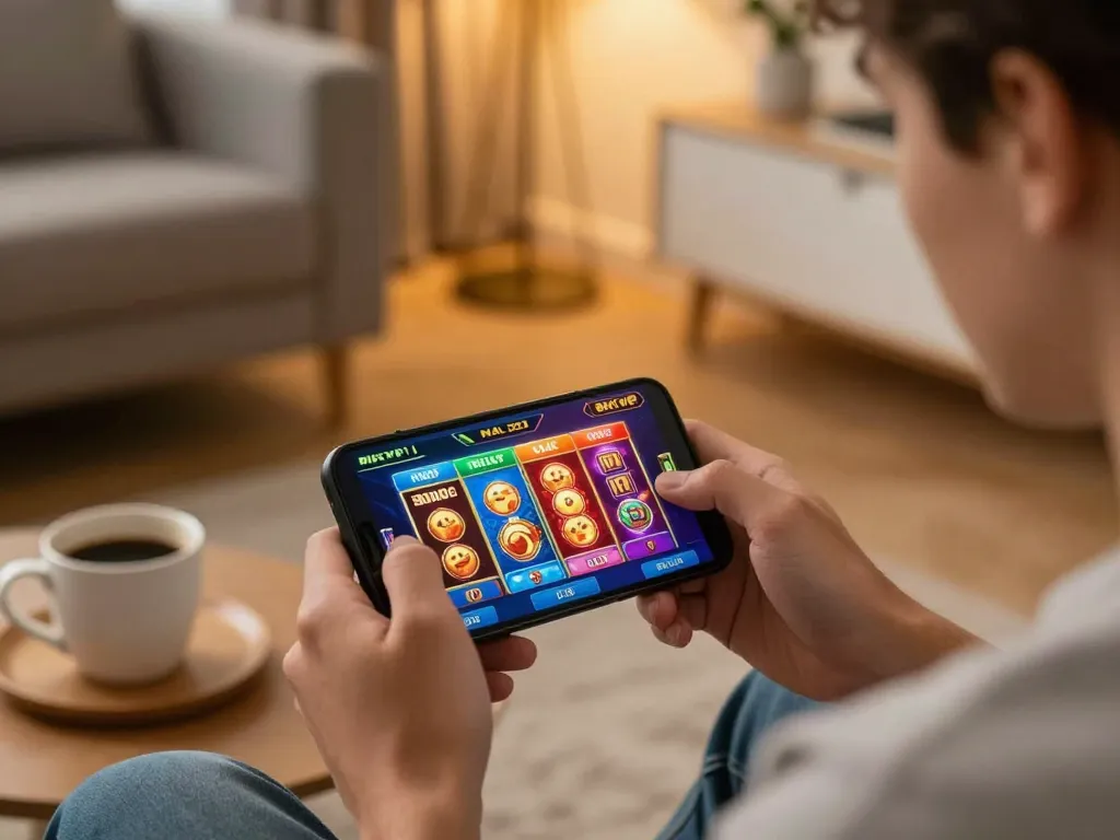 Player enjoying captivating slots on the RIKVIP app, showcasing excitement in a modern home setting.