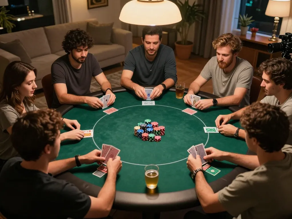 Sunwin players engaging in a strategic home poker game with focused expressions and warm ambiance.