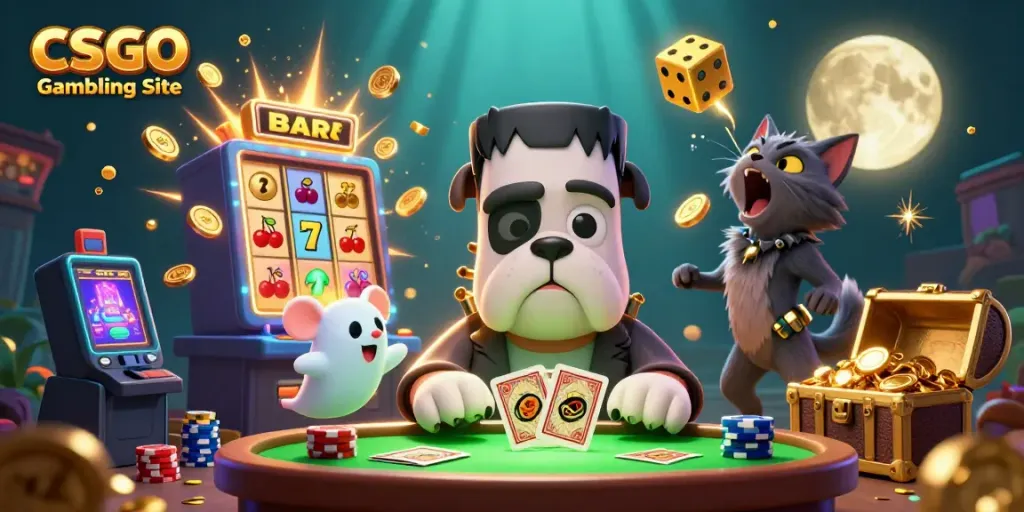 Engaging scene depicting a CSGO Gambling Site with a Frankenstein bulldog, ghost mouse, and a werewolf kitten.
