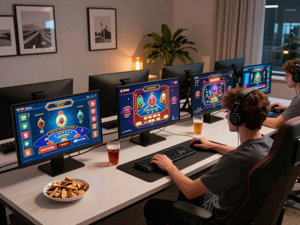 Engaging in strategic online gambling at 32win gaming setup with multiple displays and drinks.