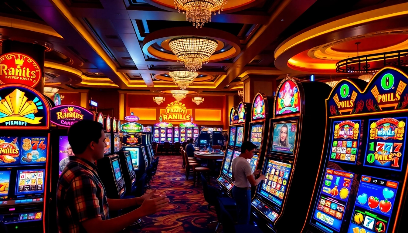 Players enjoying vibrant slot machines in a lively casino atmosphere.