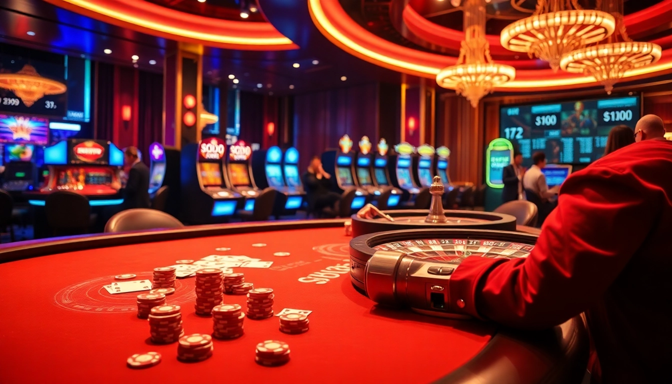 Experience high-stakes gambling in SODO with vibrant poker tables and dazzling casino lights.