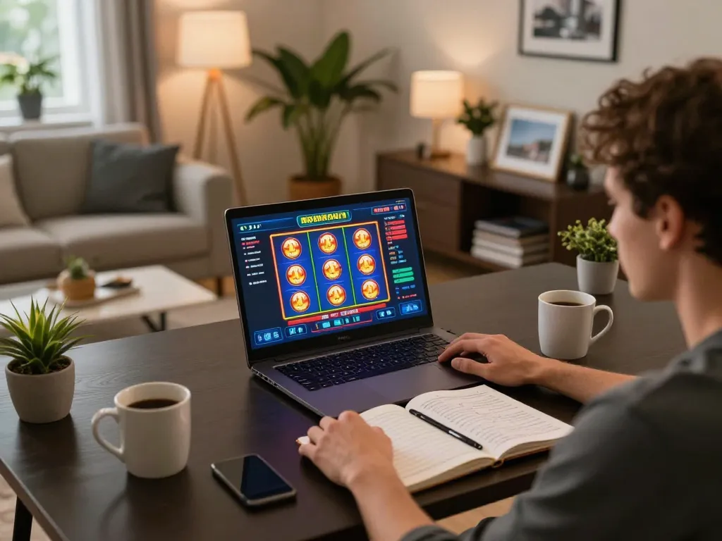 Engaging in online gaming on DN88 with strategic notes and vibrant slot interface.