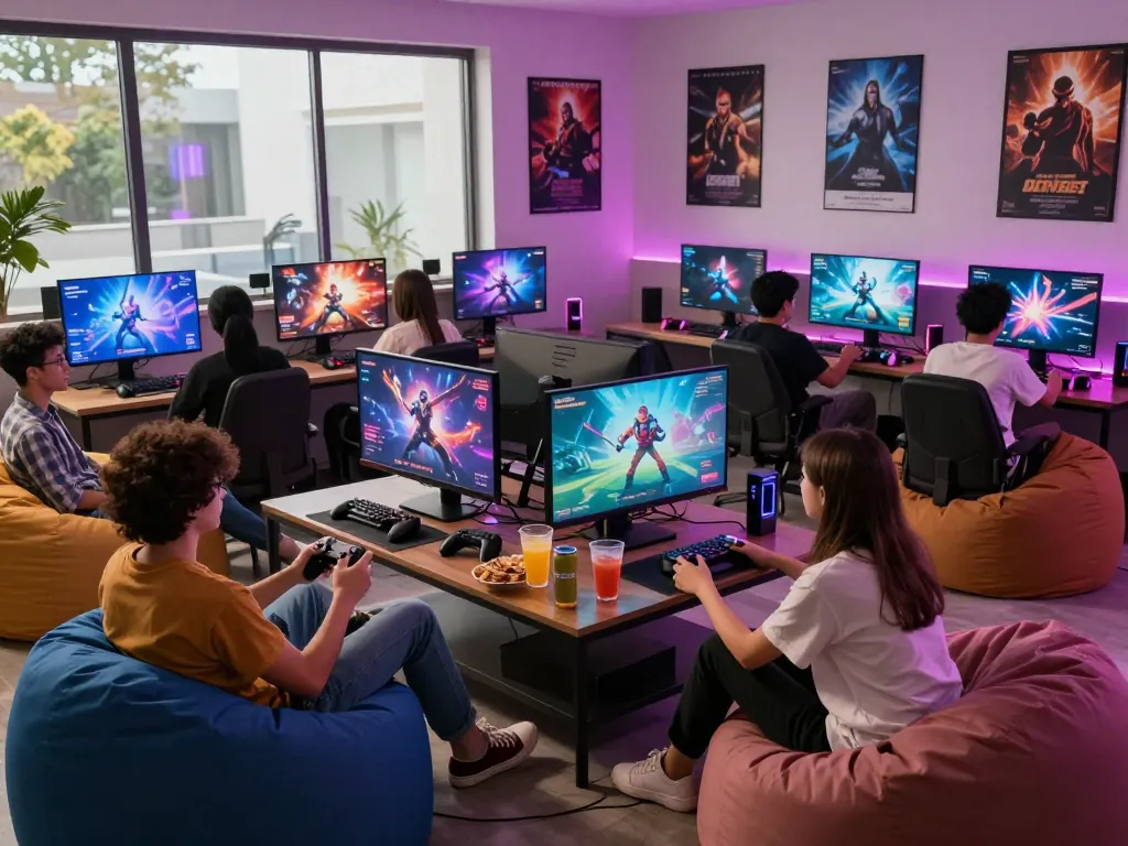 Group of gamers enjoying exciting porngames in a vibrant gaming lounge.