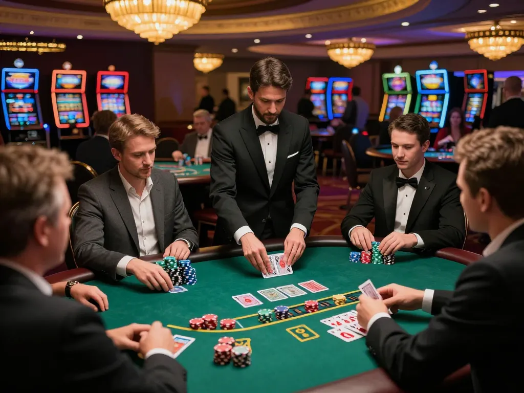 Experience strategic gameplay at 79KING with players engaged in an intense live blackjack match at a luxurious casino.