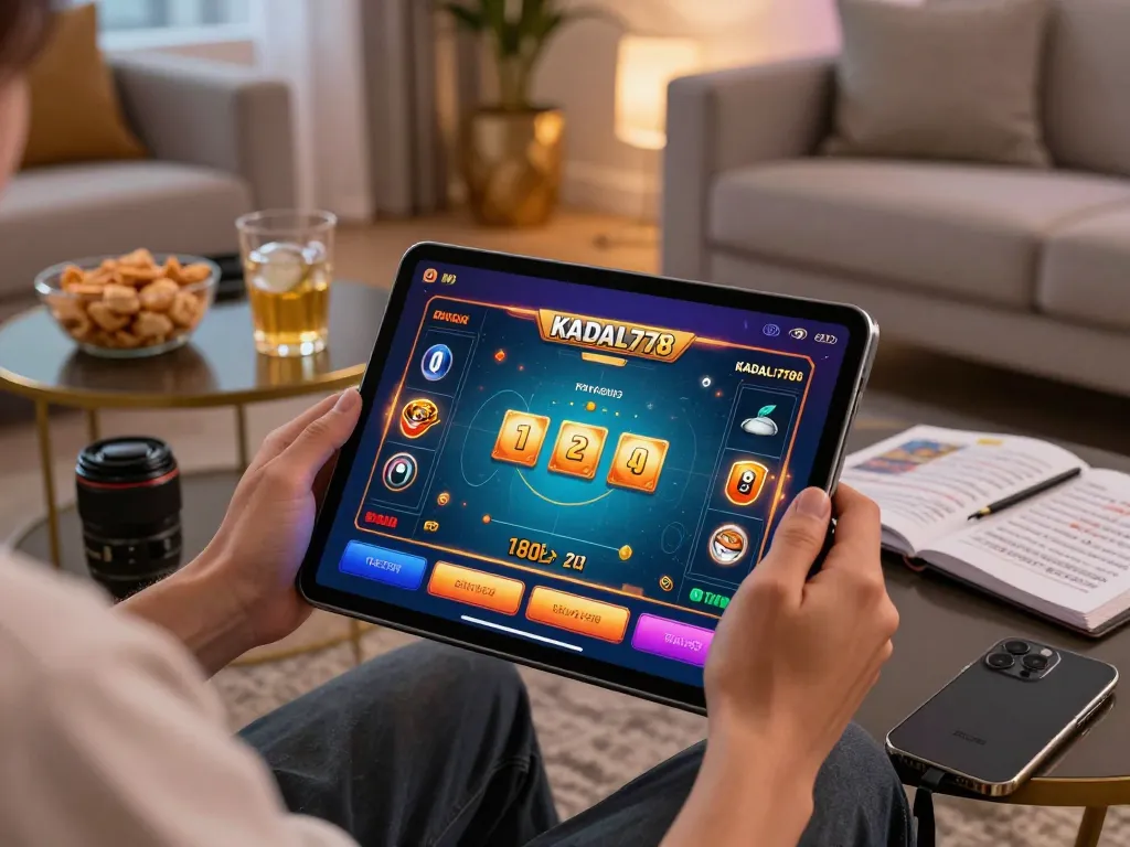 KADAL778 interactive gameplay on a tablet showcasing vibrant casino elements in a cozy home setting.