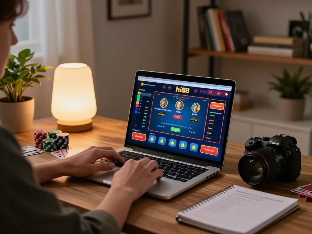 Engaging online gameplay at hi88 casino on laptop, cozy home desk with poker chips and game strategies