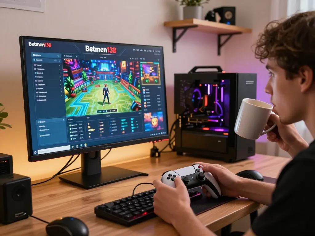 Engaging with Betmen138 gaming interface on a modern setup, showcasing a cozy online gambling environment.