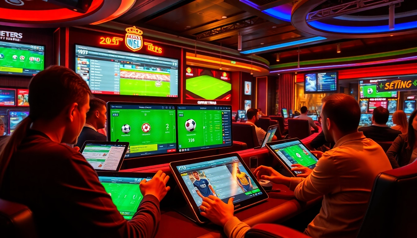 Experience the excitement of แทงบอลโลก with dynamic sports betting visuals featuring live odds and engaging bettors.