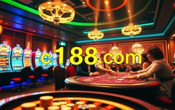 Experience thrilling gameplay at c168.com with a vibrant casino scene featuring lively poker action.