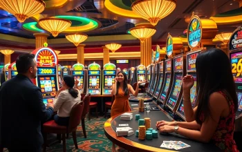 A joyful scene at a situs judi slot with players celebrating wins at colorful slot machines and vibrant casino decor.
