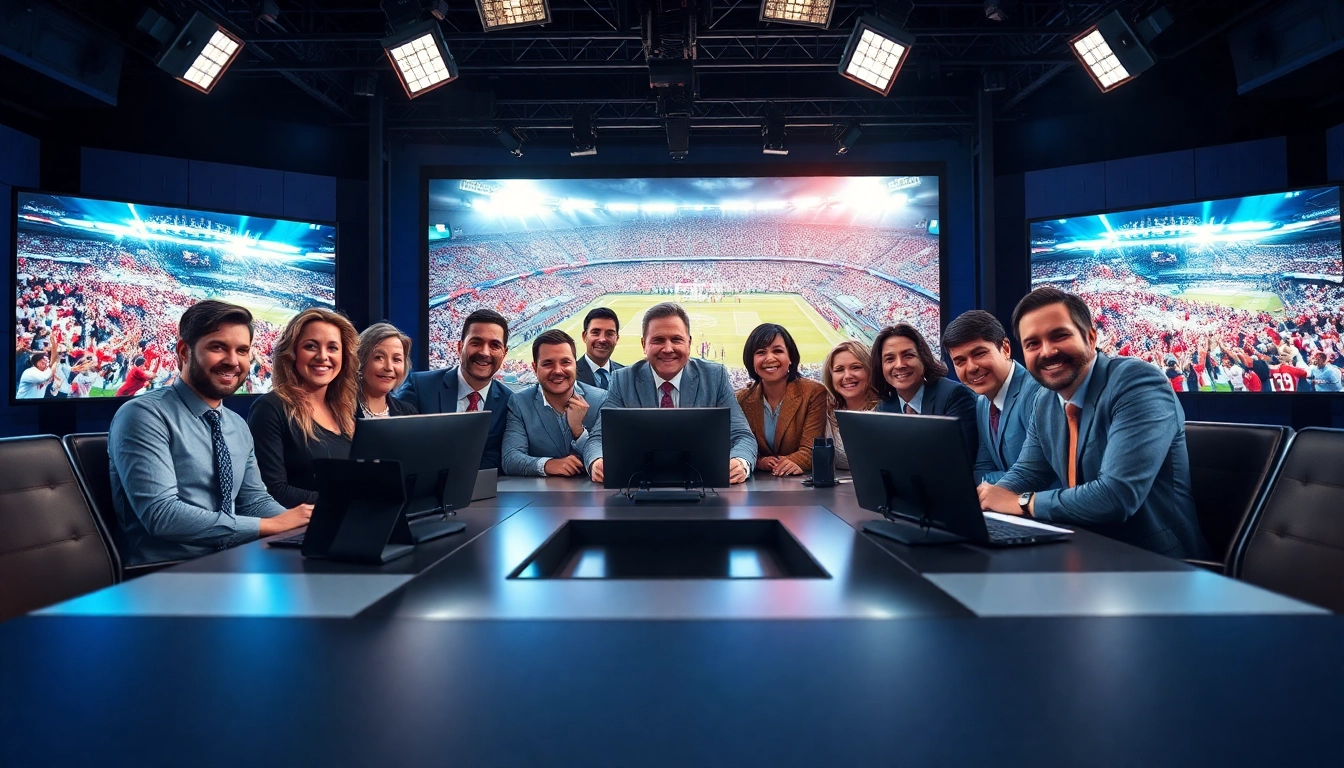 Engaging scene of sports broadcasting with lively commentators and stadium backdrop.