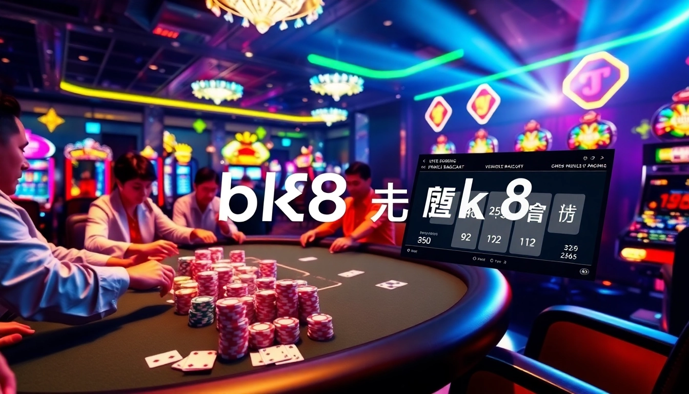 Experience excitement as players enjoy a poker game at bk8 สมัครสมาชิก, surrounded by vibrant casino elements.