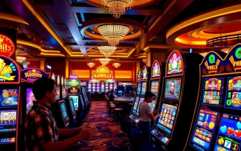 Players enjoying vibrant slot machines in a lively casino atmosphere.