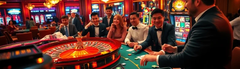 Thrilled gamblers at a luxurious casino table, questioning shbet lừa đảo không? with vibrant chips and cards.