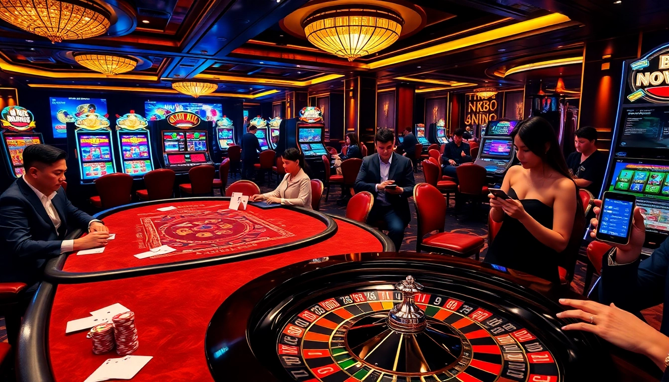 Professional players engaging with poker chips and cards at an nk88 casino table under elegant lighting