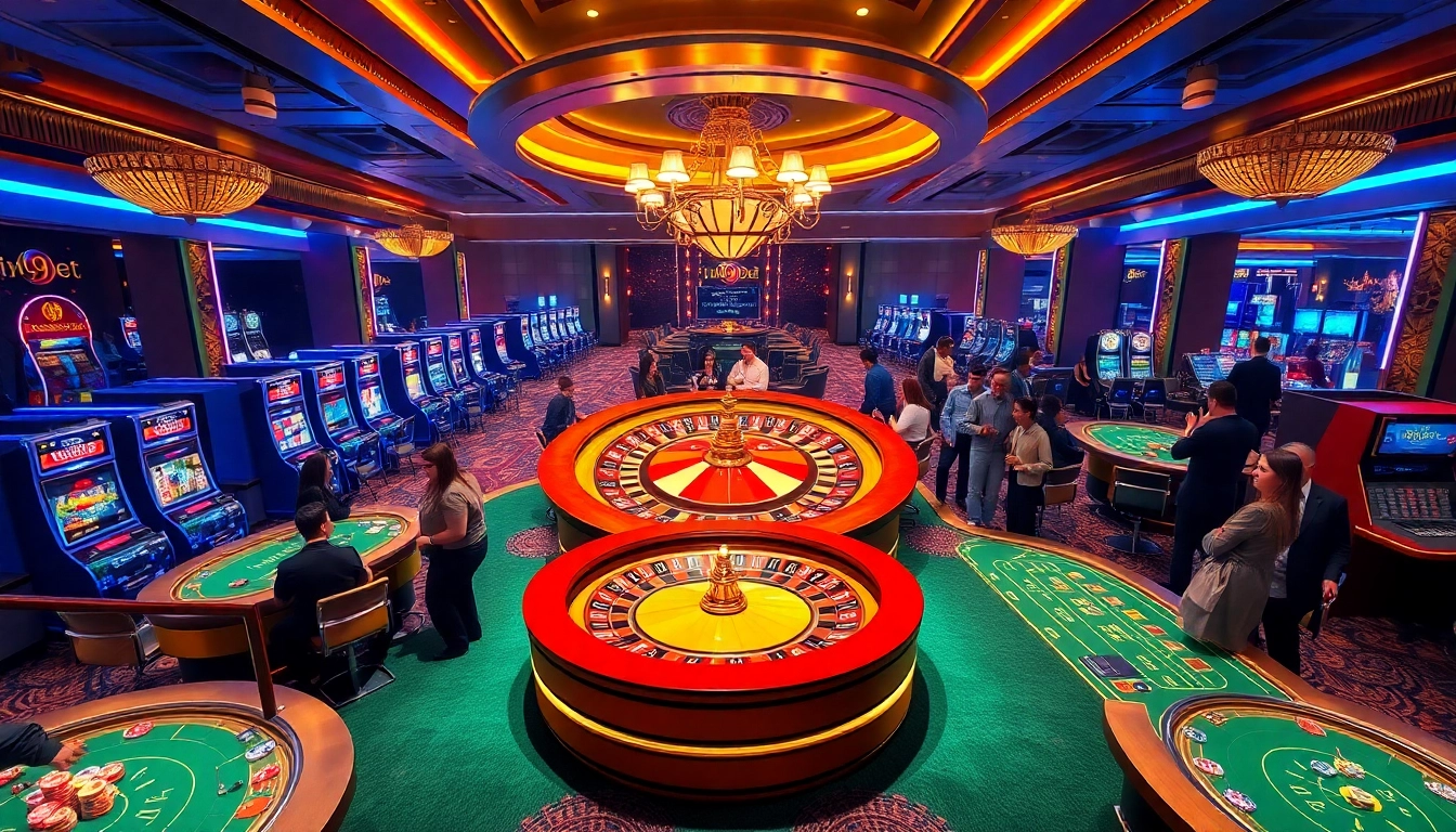 i9bet gamblers enjoying strategic gameplay at a vibrant casino with roulette and poker tables.