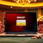 SBOBET login interface showcased with poker chips and slot machines in a luxurious casino setting.