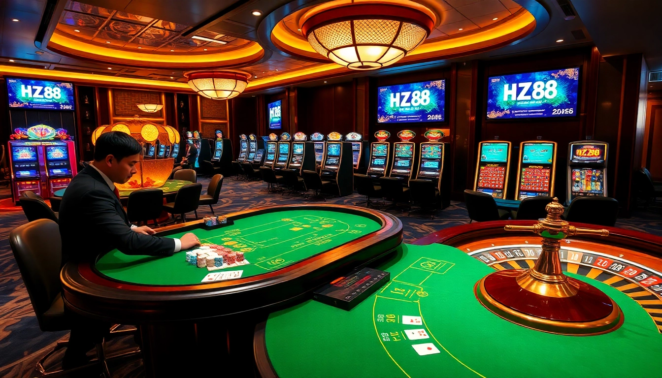 Professional dealer facilitating strategic baccarat game at HZ88 Asian casino table with vibrant chips