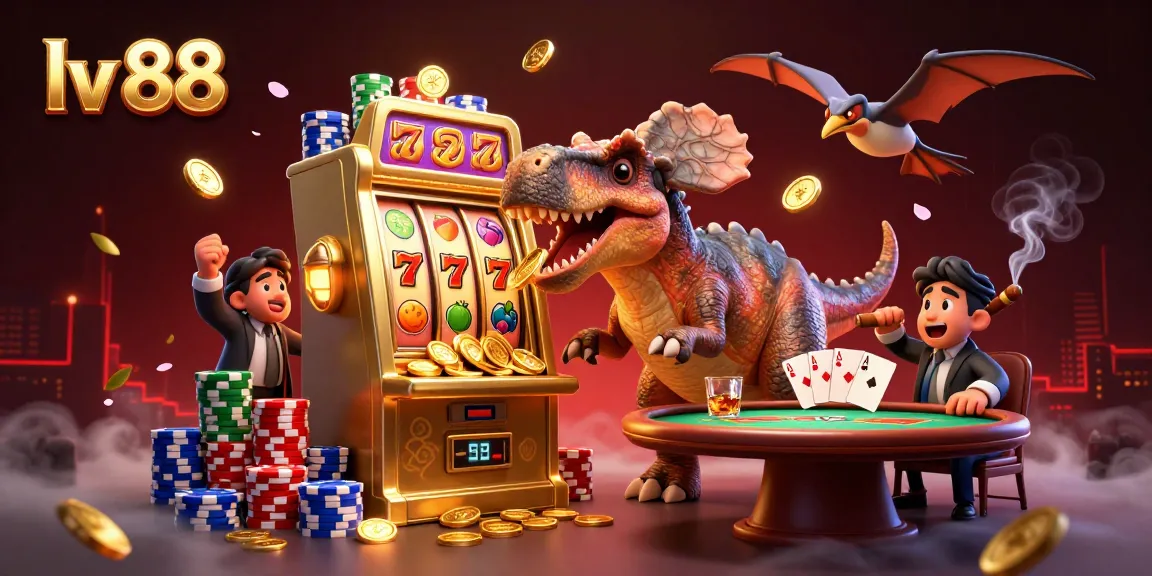 Spin the lv 88 jackpot with a dinosaur headbutting a slot machine and coins flying everywhere.