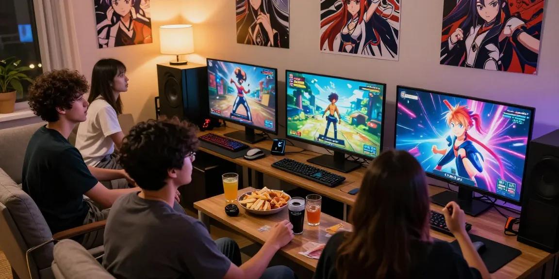 Friends enjoying hentai games in a lively gaming atmosphere with anime decor.