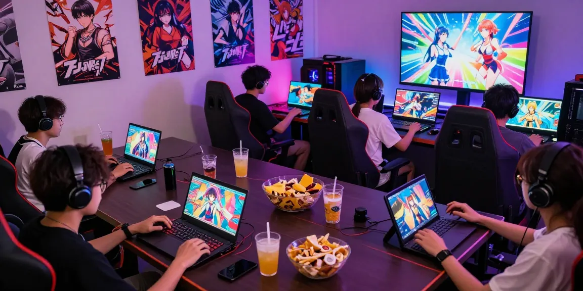 Players enjoying hentai games in a vibrant gaming room with snacks and devices.