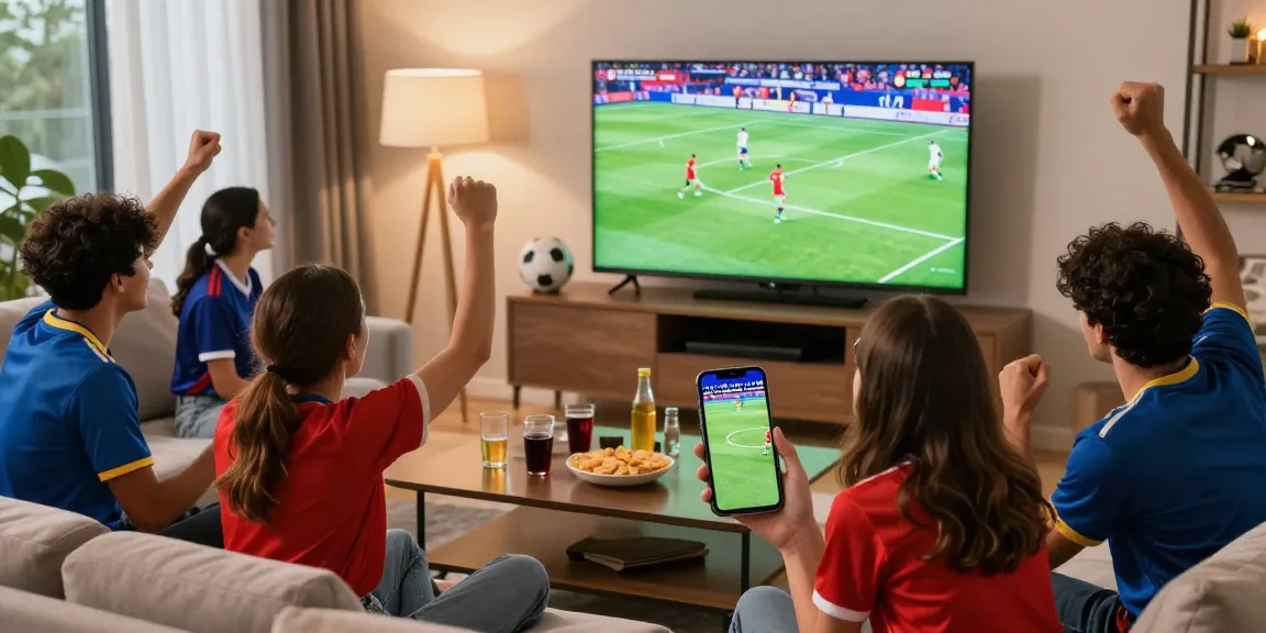 Excited friends watching live football match using رابط مشاهدة مباريات اليوم بدون تقطيع, enjoying snacks and drinks.